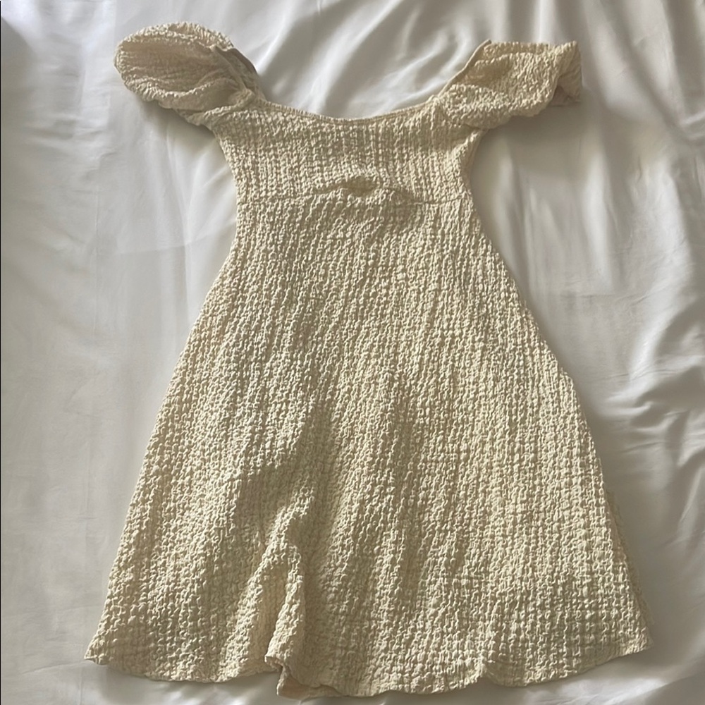 See You Monday Cream Smocked Off-Shoulder Sundress